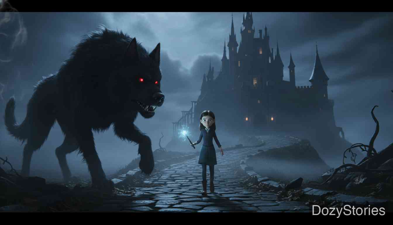 The Three Little Birds - The youngest daughter sets out for her brothers. One kind word wins her the old woman's help, and with the wand she passes the black dog, fetches the bird and the well water from the castle, and turns the dog back into a handsome prince. - Scene Illustration 3