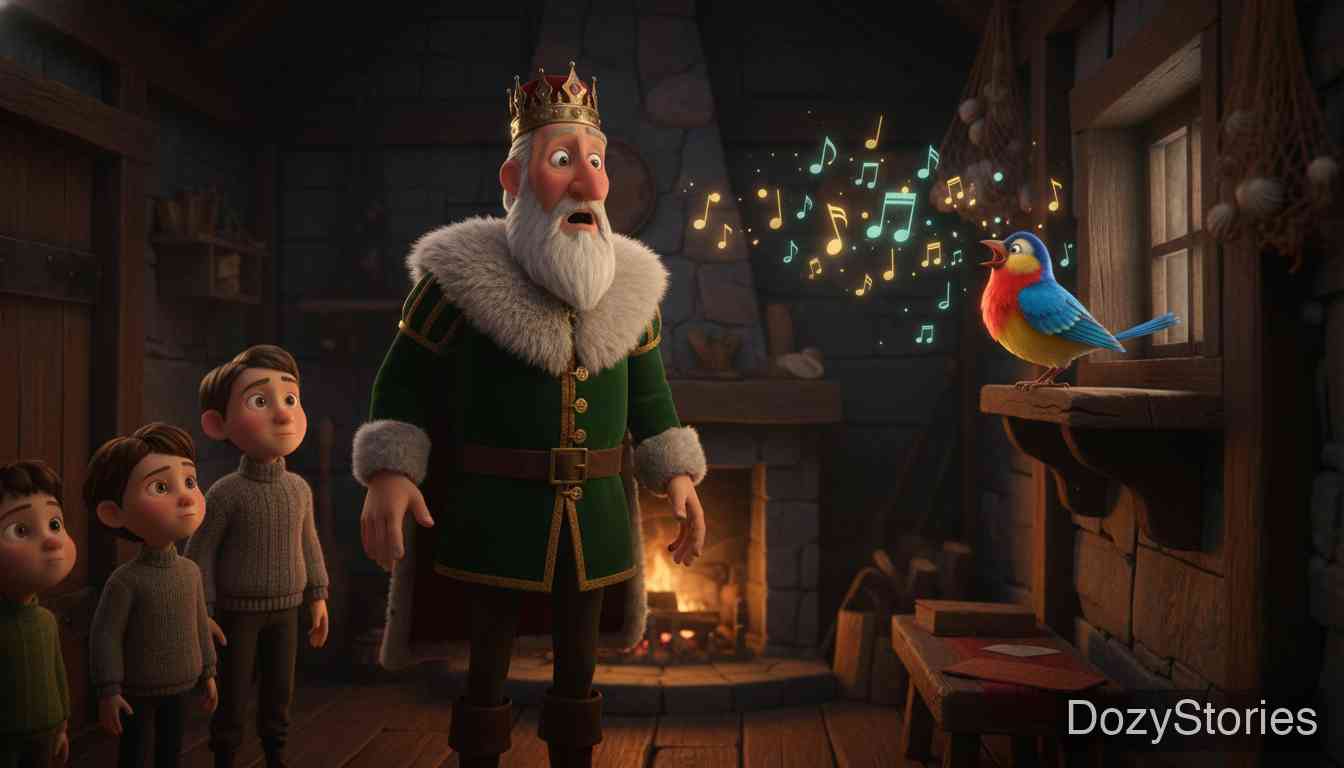 The Three Little Birds - The second son's flute music draws the king to him. The king follows the young man to the fisherman's hut, where the bird on the wall sings out the truth about the children and the queen's long suffering. - Scene Illustration 4