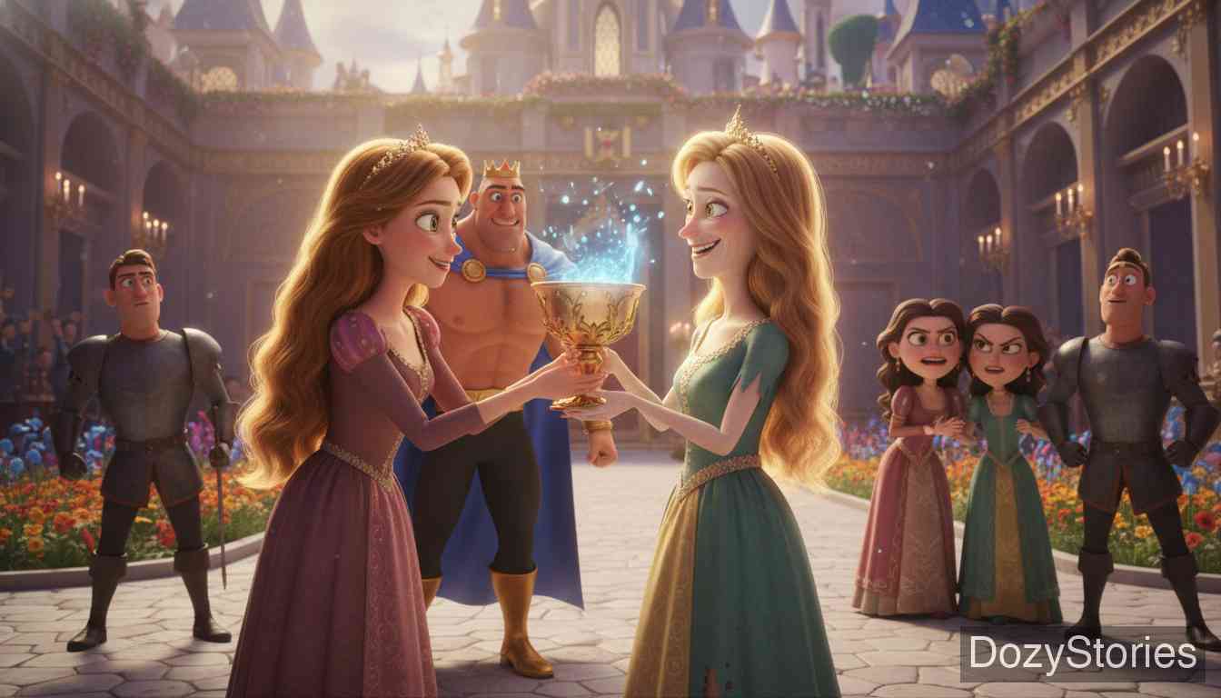 The Three Little Birds - The truth comes out at last. The king frees his sick queen, the daughter heals her with the well water, the wicked aunts reap what they sowed, and the daughter marries the prince, so the family finds happiness at last. - Scene Illustration 5