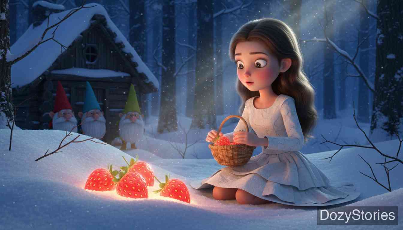The Three Little Men in the Wood - In deep winter the stepdaughter must hunt strawberries in a paper coat; she shares her bread with three little men, sweeps their snow, and earns gold and blessings. - Scene Illustration 2