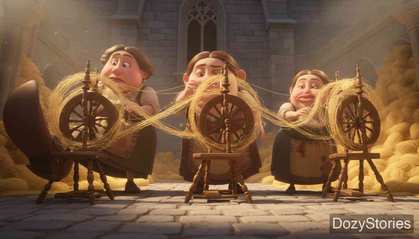 The Three Spinners - The three women spin room after room at wondrous speed; the girl hides them and gathers all the Queen's endless praise. - Scene Illustration 4