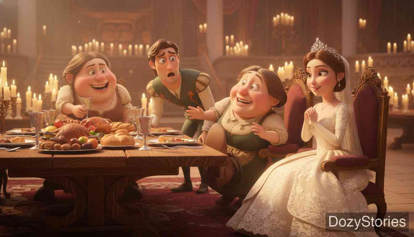 The Three Spinners - At the wedding the prince learns that spinning caused the cousins' strange looks, so he forbids his beautiful bride ever to spin again. - Scene Illustration 5