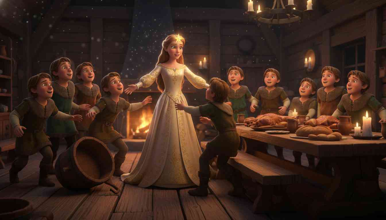 The Twelve Brothers - The sister with the golden star grows up and walks into the forest with twelve shirts; with Benjamin's clever help, the brothers' dark oath melts away before family love. - Scene Illustration 2