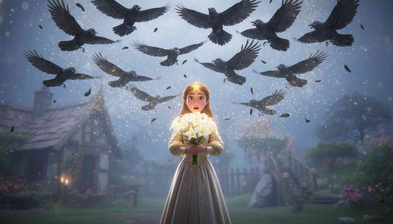 The Twelve Brothers - Life is sweet until the sister plucks twelve lilies out of kindness; her brothers turn into ravens in an instant, and an old woman reveals the one hard way to save them. - Scene Illustration 3