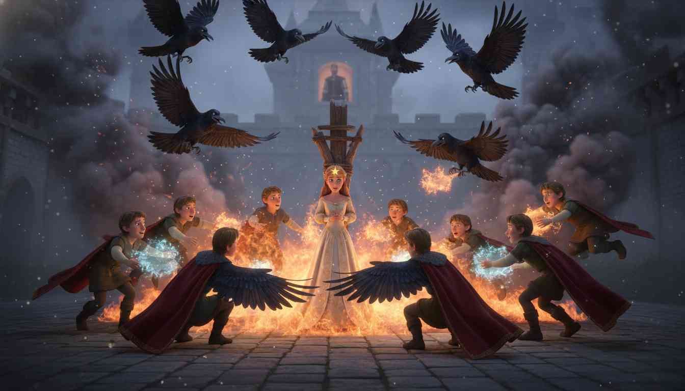 The Twelve Brothers - At the stake the seven years end in the final instant; twelve ravens land and become her brothers, who put out the fire; the truth wins, the wicked are punished, and the family is whole again. - Scene Illustration 5