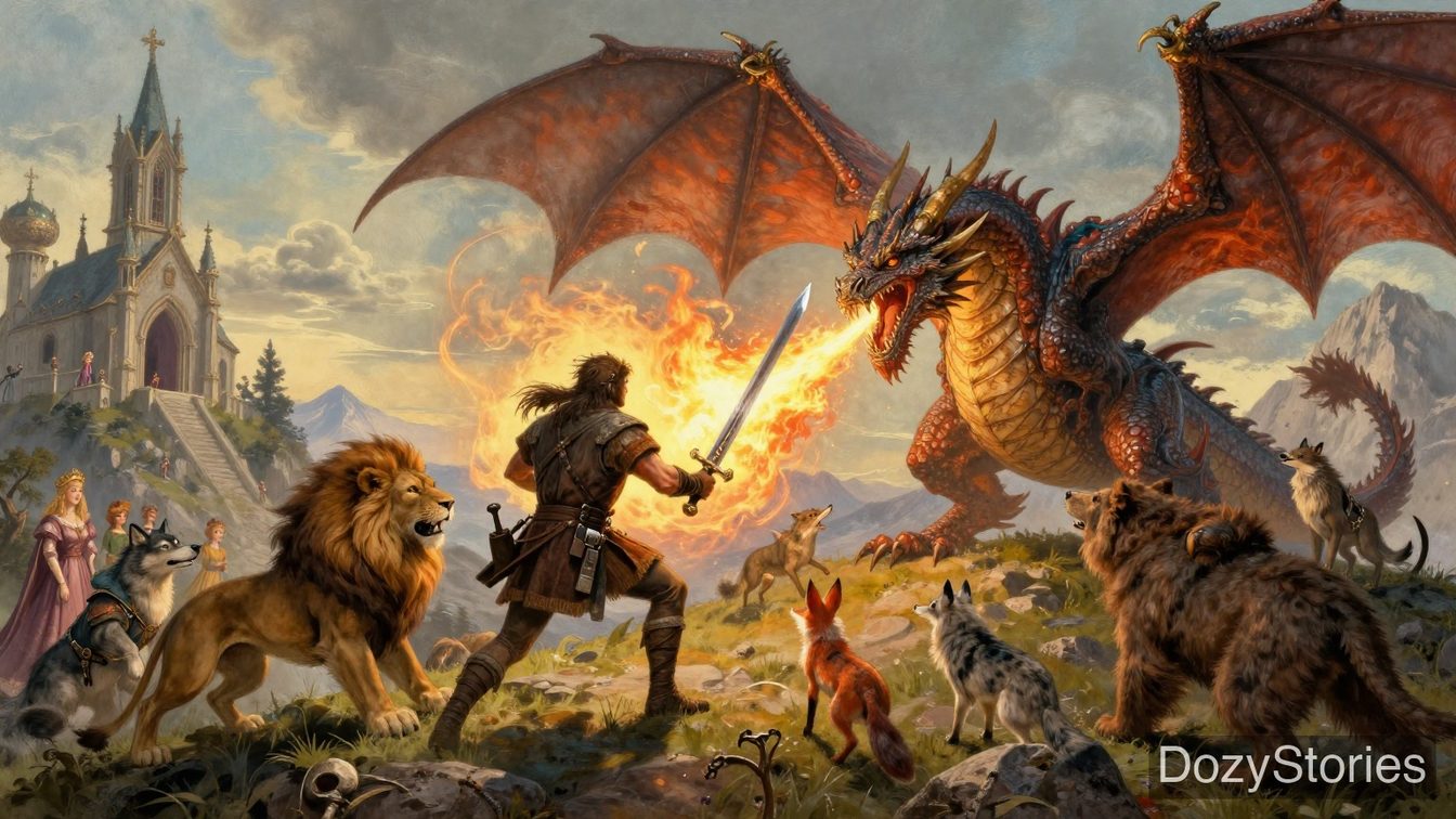 The Two Brothers - The younger brother drinks the magic cups, wields the sword and slays the seven-headed dragon; the marshal steals the deed, but the animals revive their master with a wonder root - Scene Illustration 4
