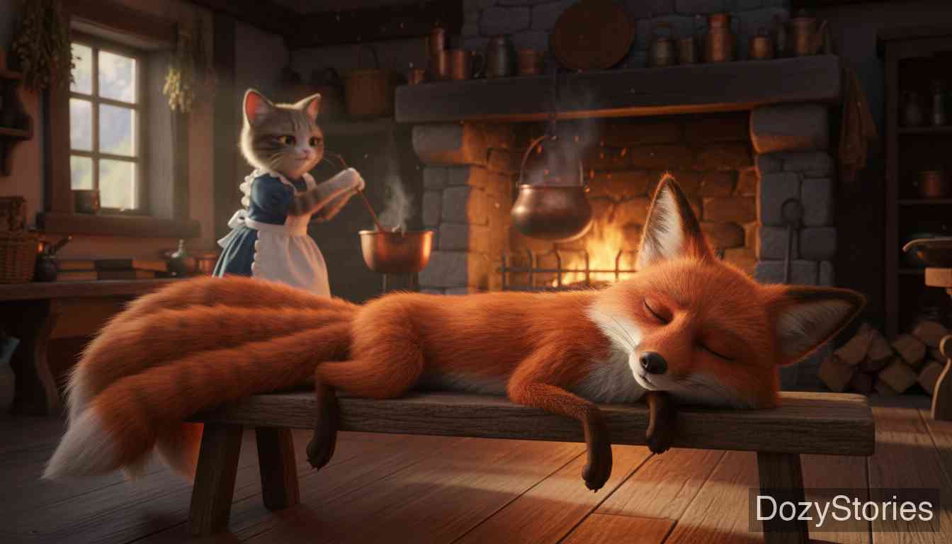 The Wedding of Mrs. Fox - An old fox doubts his wife's love, so he lies still under the bench and plays dead to test her heart. - Scene Illustration 1