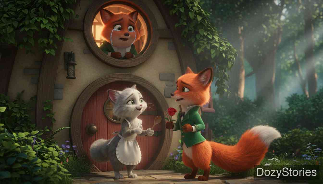 The Wedding of Mrs. Fox - Miss Cat greets one suitor after another, but Mrs. Fox will marry none without nine tails. - Scene Illustration 2