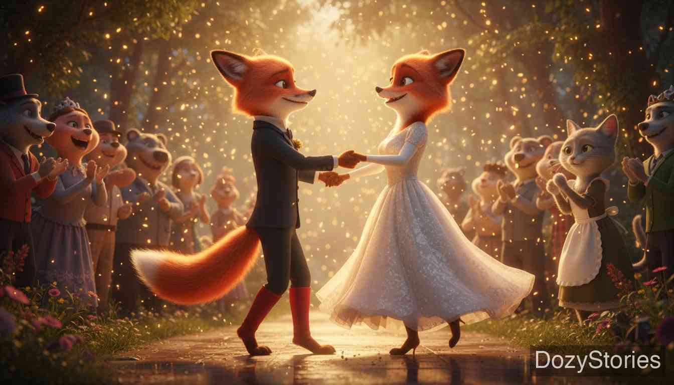 The Wedding of Mrs. Fox - A young fox in red stockings arrives and wins Mrs. Fox's heart, and a merry wedding is held at last. - Scene Illustration 5