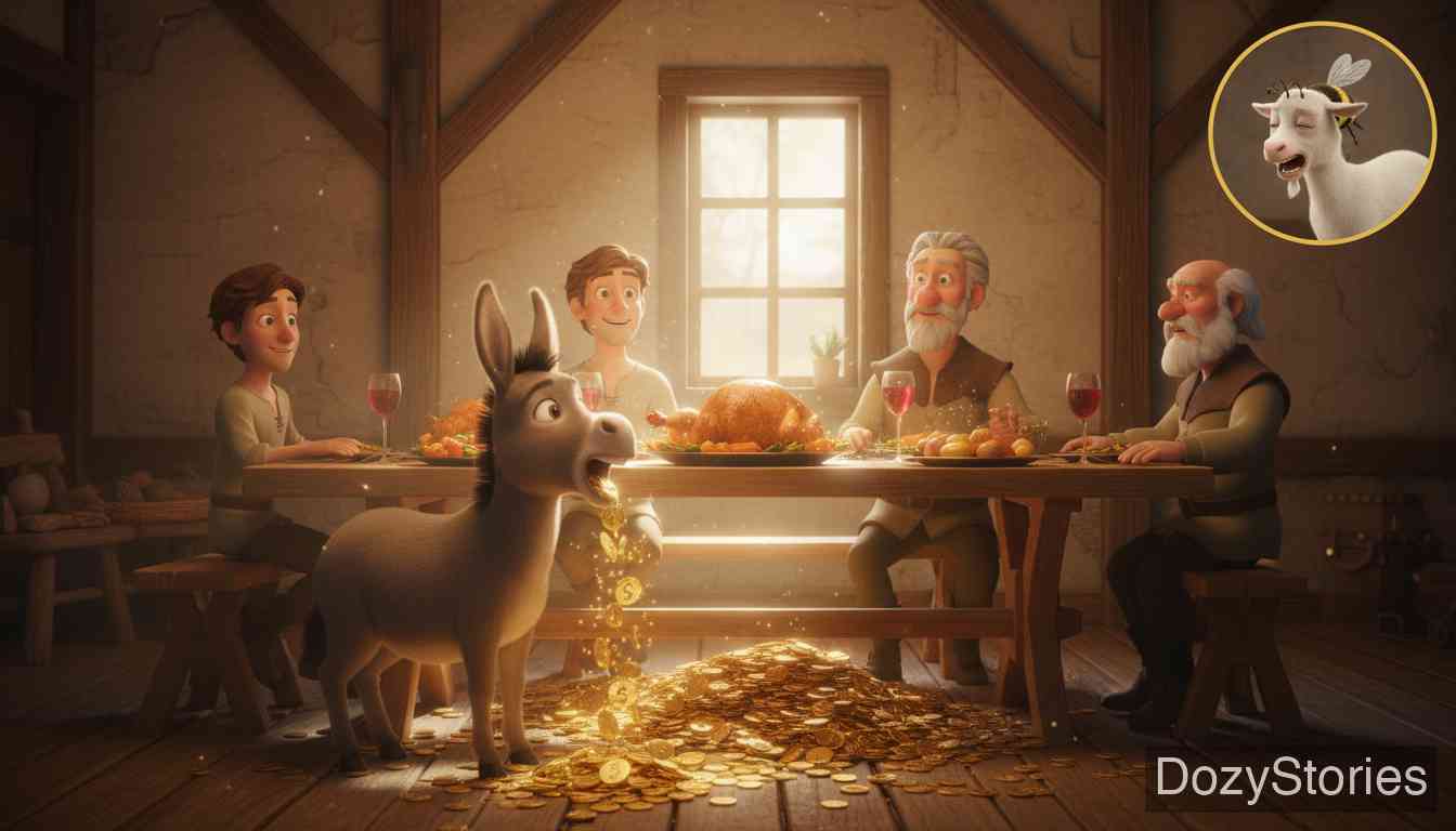 The Wishing-Table, the Gold-Ass, and the Cudgel in the Sack - The three brothers reunite at their father's house, the table spreads a feast, the ass rains gold, and the family lives happily ever after. - Scene Illustration 5