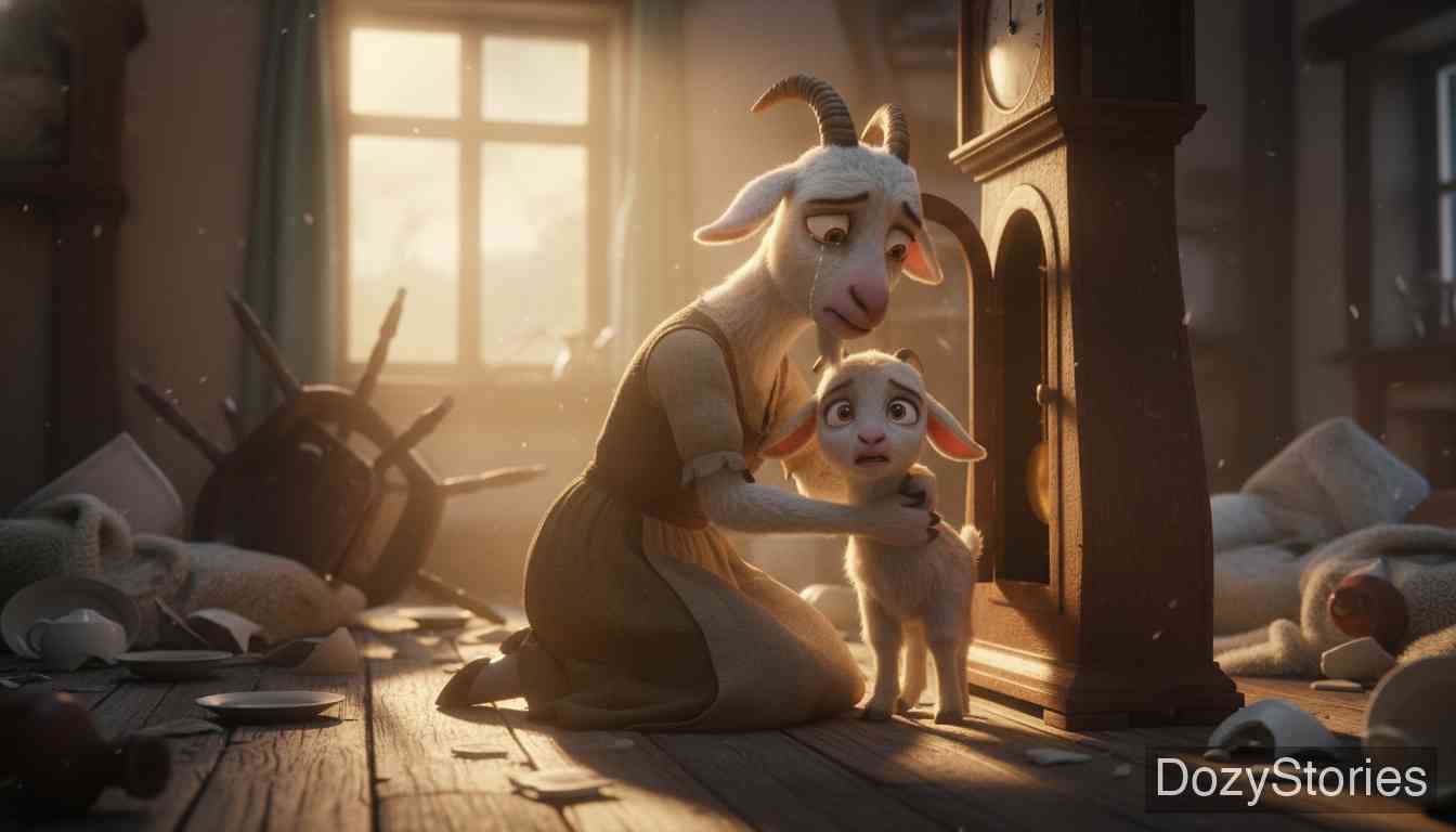 The Wolf and the Seven Little Kids - The old goat comes home to a wrecked house. She calls her children one by one, finds only the youngest inside the clock case, and learns that the wolf has eaten the other six. - Scene Illustration 3