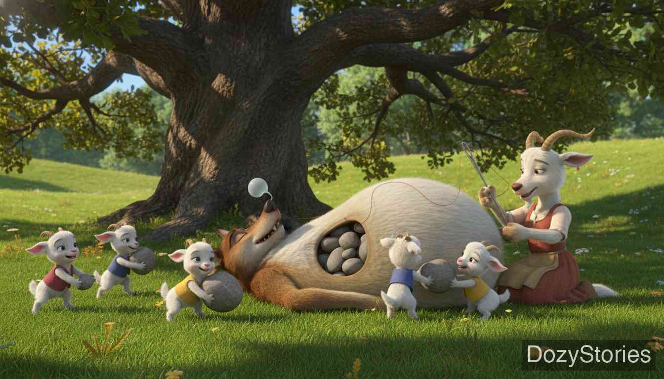 The Wolf and the Seven Little Kids - In the meadow the old goat finds the sleeping wolf and sees movement inside his belly. She cuts him open, frees all six kids alive, fills his belly with stones, and sews him up. - Scene Illustration 4