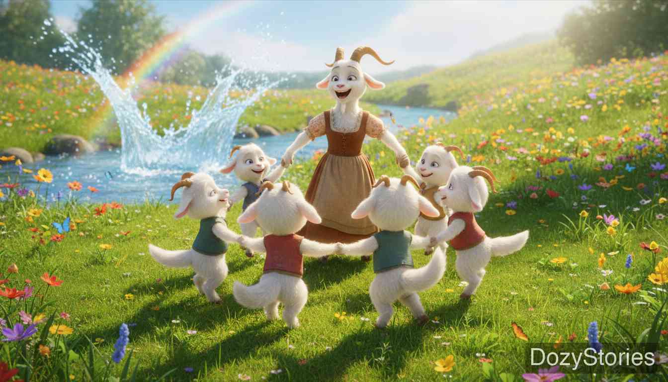The Wolf and the Seven Little Kids - The wolf wakes up heavy and thirsty, and the stones drag him into the brook, where he drowns. The seven kids dance in a ring with their mother, and the lesson is told for all children. - Scene Illustration 5