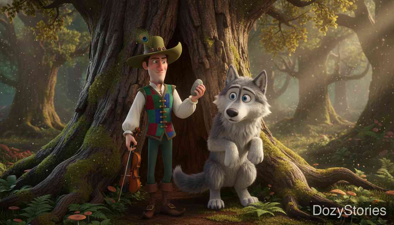 The Wonderful Musician - A gifted musician, bored and lonely in the forest, plays his fiddle for company; a wolf comes to learn the music, but is tricked into trapping his paws in a split oak tree. - Scene Illustration 1