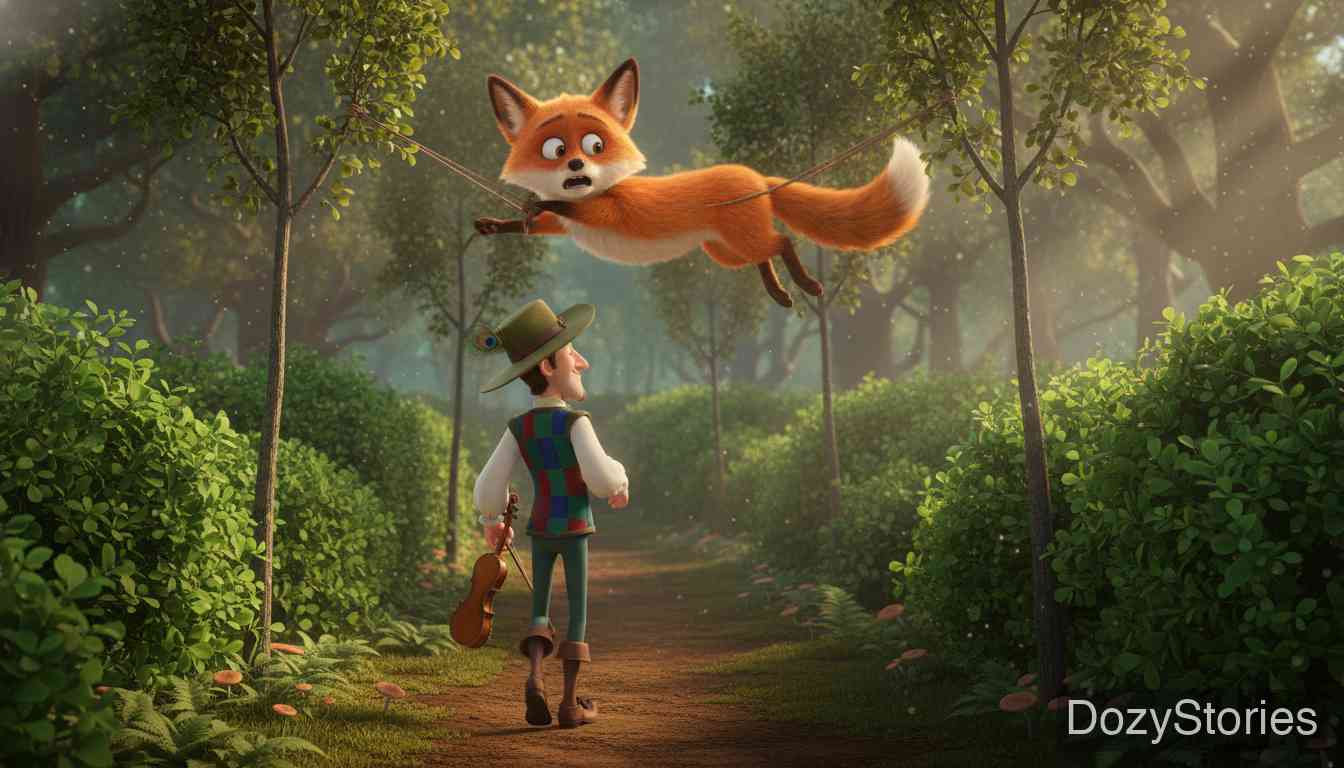 The Wonderful Musician - The music calls a fox, who begs to learn, but the musician ties his paws to two bent hazel branches and lets them spring up, flinging the fox into the air. - Scene Illustration 2
