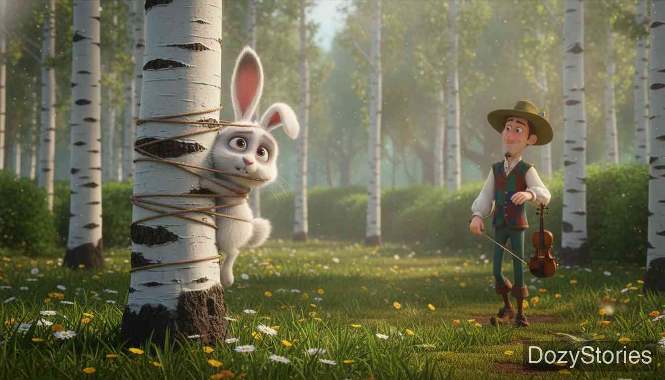 The Wonderful Musician - A hare hops up to learn the fiddle, but the musician ties a string round his neck to an aspen tree and makes him run twenty circles until he is wound fast against the trunk. - Scene Illustration 3