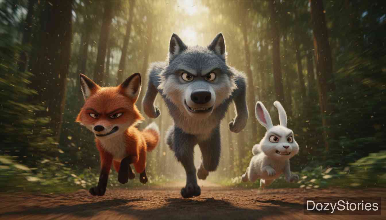 The Wonderful Musician - The wolf finally frees himself and races after the musician; on the way he rescues the dangling fox and the bound hare, and the three beasts join together for revenge. - Scene Illustration 4