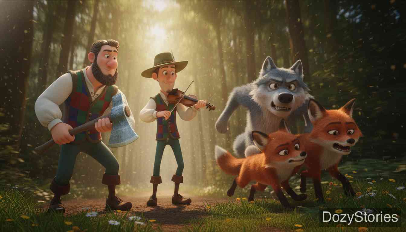 The Wonderful Musician - A poor woodcutter is enchanted by the music and becomes the friend the musician longed for; when the three beasts arrive, he raises his axe, they flee, and the musician finds his way. - Scene Illustration 5