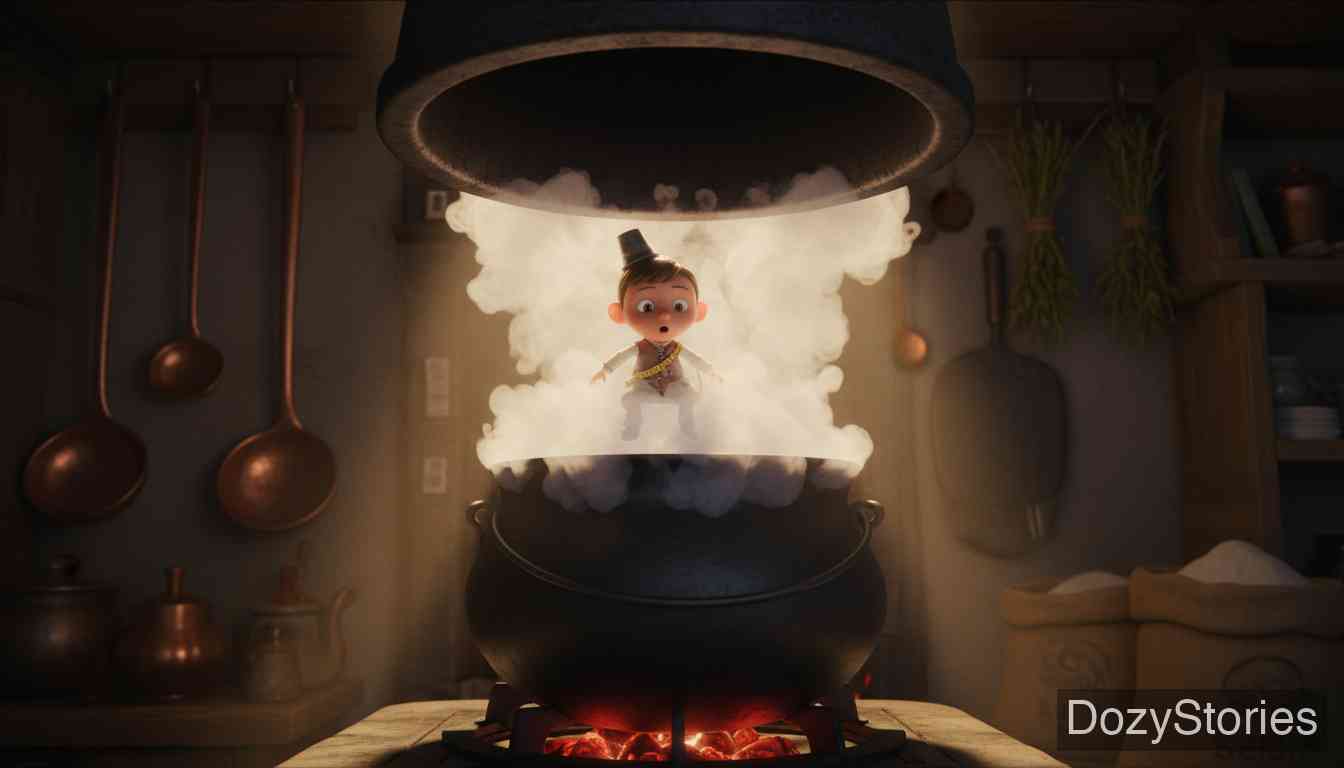 Thumbling's Travels - Thumbling leaves his father to see the world, is carried up a chimney by steam, and plays tricks on a mistress who feeds him poorly. - Scene Illustration 1