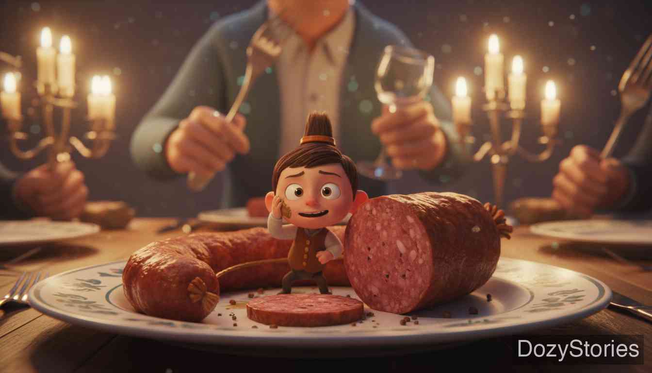 Thumbling's Travels - Thumbling dodges the butcher's knife, is stuffed into a black pudding and smoked all winter, and escapes only when it is sliced. - Scene Illustration 4