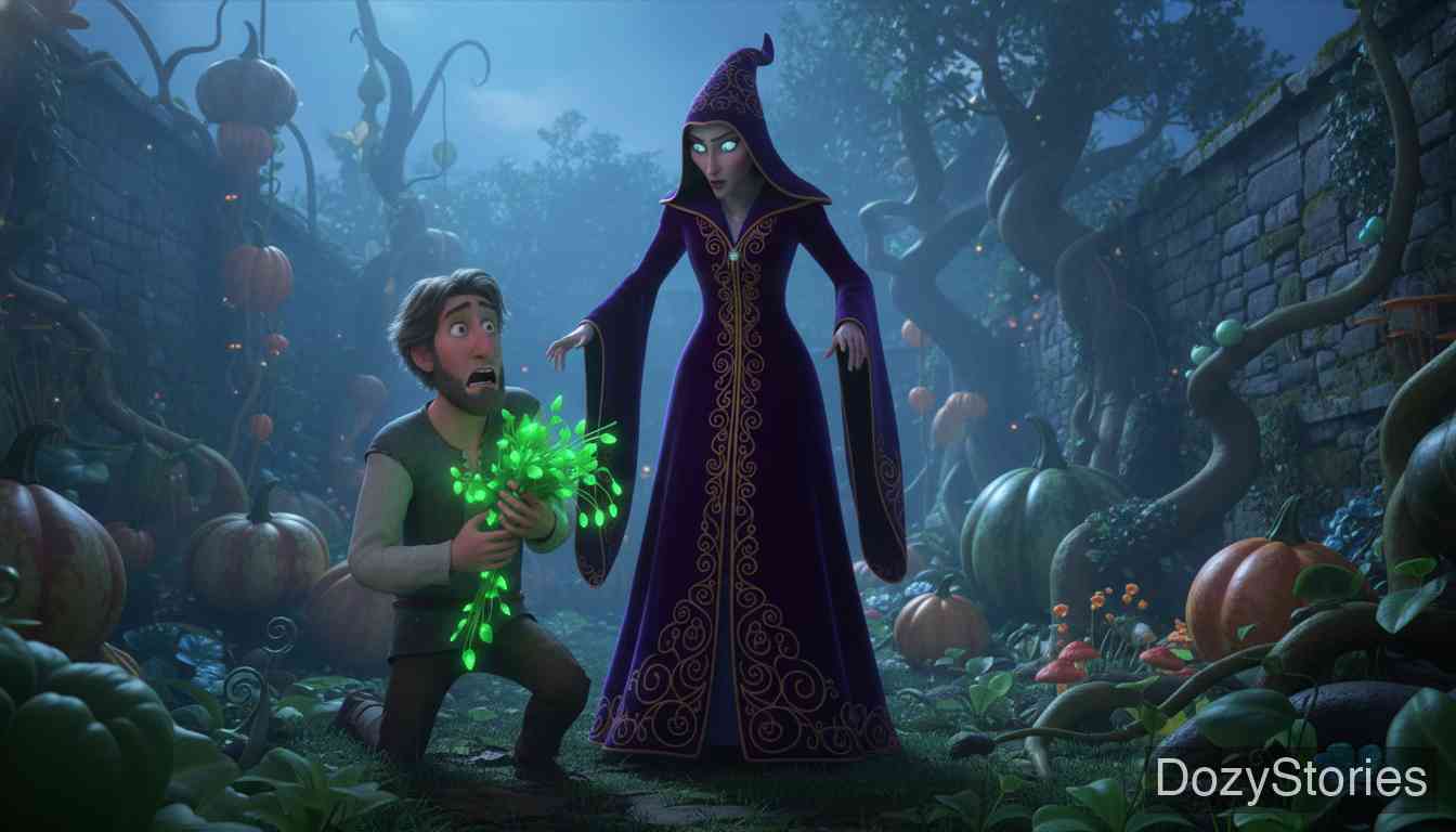 Rapunzel - A wife craves the witch's rampion; her husband steals it by night, is caught, and must trade his unborn child for mercy. - Scene Illustration 1