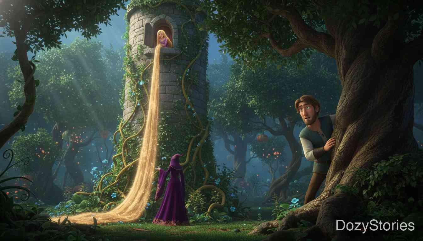 Rapunzel - Rapunzel is shut in a doorless tower deep in the forest, where a prince hears her song and learns the witch's secret way up. - Scene Illustration 2