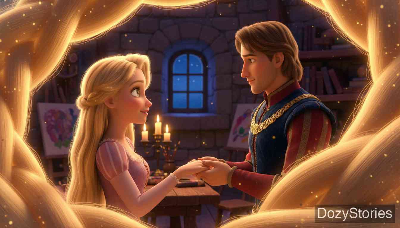 Rapunzel - The prince climbs the tower with the witch's words, wins Rapunzel's heart, and they plan a silk-rope ladder for her escape. - Scene Illustration 3