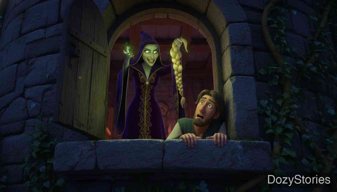 Rapunzel - A careless word betrays the secret; the witch cuts Rapunzel's hair and banishes her, and the prince falls from the tower into blindness. - Scene Illustration 4