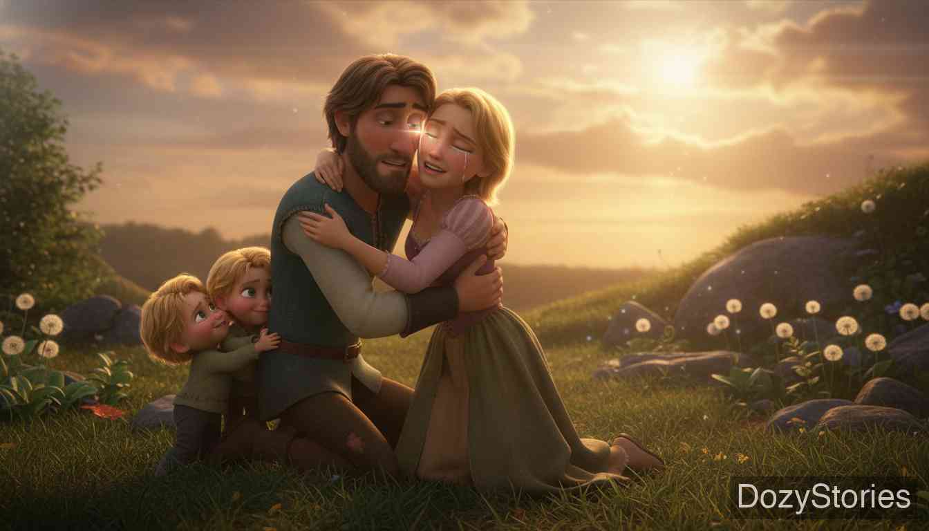 Rapunzel - Years later the blind prince finds Rapunzel and their twins in the wasteland; two loving tears restore his sight, and the family returns home in joy. - Scene Illustration 5