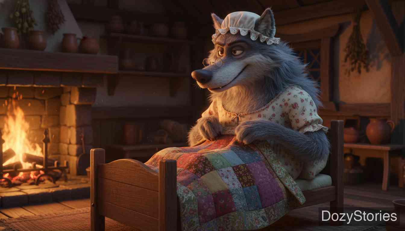 Little Red Riding Hood - The wolf tricks the girl into picking flowers, races to the cottage, swallows the grandmother, and lies in her bed waiting. - Scene Illustration 2