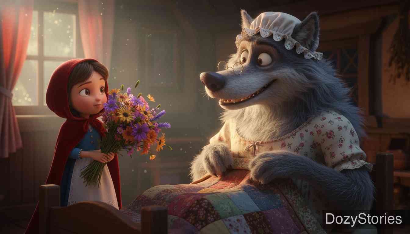 Little Red Riding Hood - Little Red Riding Hood finds her grandmother looking very odd; answer by answer the truth comes out, and the wolf swallows her too. - Scene Illustration 3
