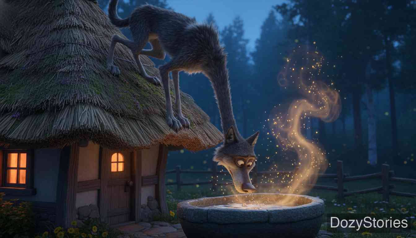 Little Red Riding Hood - Another day a second wolf comes, but the girl remembers her lesson; she and her grandmother lure the wolf off the roof into a trough of sausage water. - Scene Illustration 5